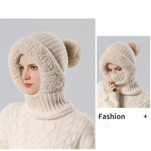 3 in 1 Beanie Hat for Women, 3 in 1 Beanie Hat with Scarf and Mask,Warm Winter Pom Hat for Cold Weather (Khaki)