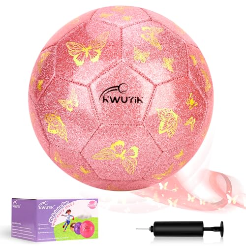 OKWUYiK Pink Glitter Butterfly Soccer Ball Size 4 - Kids Soccer Toy, Indoor/Outdoor