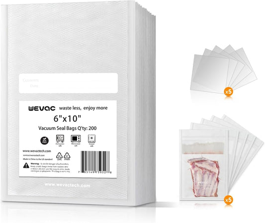 Wevac Vacuum Sealer Bags - Heavy Duty 6" x 10" Precut, 200 Count with Liquid Block & Bone Guard
