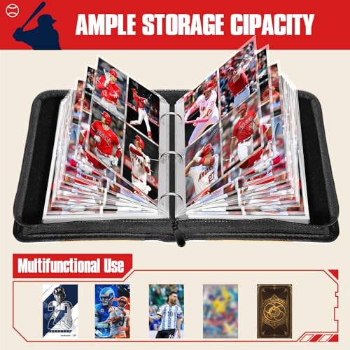 efunny Baseball Red 400-Pocket Card Binder with 50 Removable Sleeves – Waterproof 9x7in, 4 Pocket Organizer for Baseball Cards