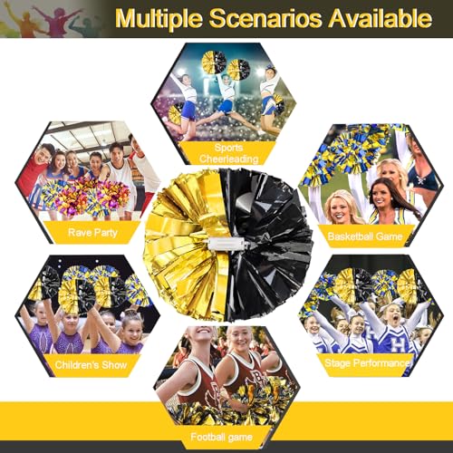 HOLENGS 12-Inch Metallic Cheerleading Pom Poms Black & Gold - 4 Pack for Sports & Dance