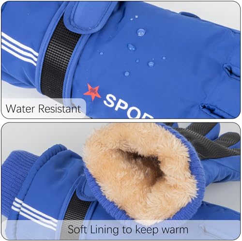 Kids Winter Ski Snow Gloves - Waterproof Mittens for Ages 5-10 - Blue