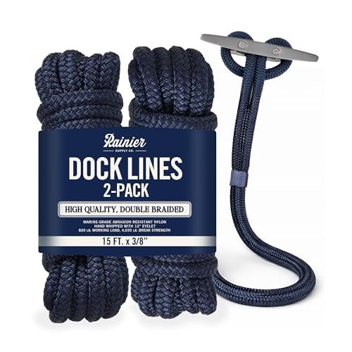 RainierSupplyCo 15ft Navy Blue Double Braided Nylon Dock Lines 2 Pack for Boat Mooring