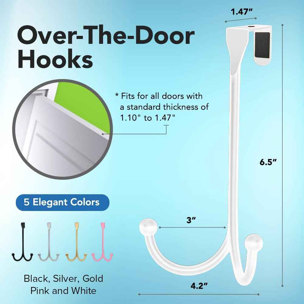 LEVAF 2-Pack Over The Door Hooks - with 2 Hang Heads & Snug Fit Pads Heavy Duty Hook for Hanging Coats, Towels, Caps & Robes - Elegant Matt Finish - No Drill Hanger Organizer - White