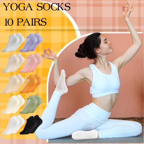 Pilates Socks for Women - 10 Pcs Non-Slip Grippy Socks - Multicolor