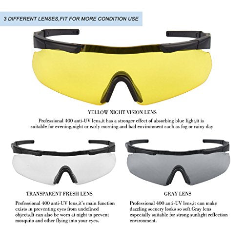 xaegistac Black Frame Tactical Eyewear with 3 Interchangeable Lenses - Unisex Shooting Glasses