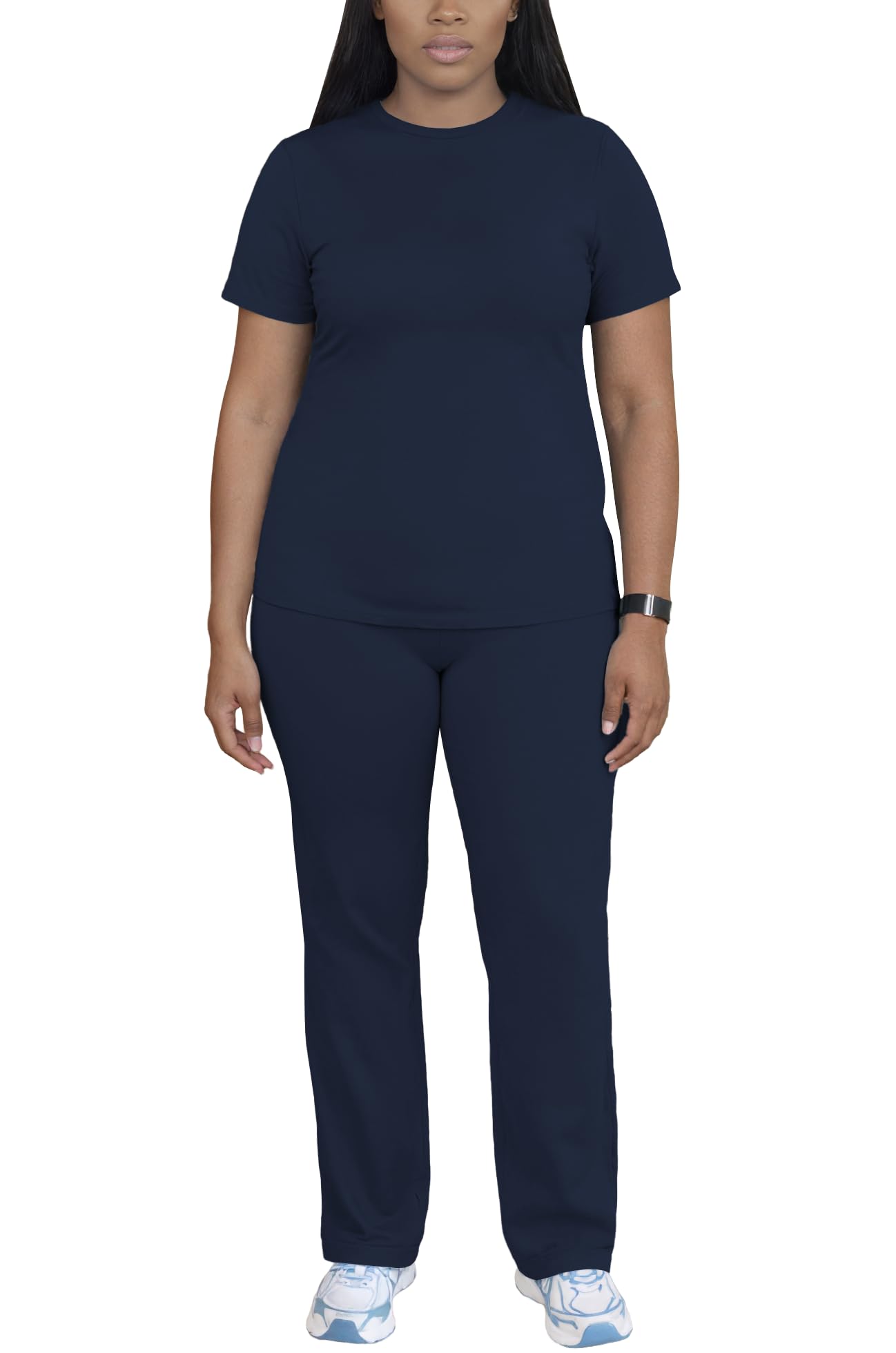 PINSV Women 2 Piece Outfits Short Sleeve Tops and Long Pants Tracksuit Workout Lounge Sets Navy Blue XL