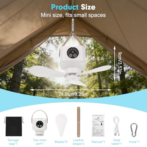 FIALAME White Portable Ceiling Fan with Lights & Remote - Camping & RV Fan