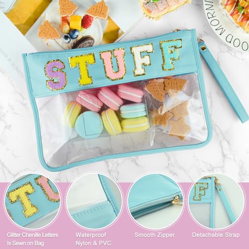 Cute Chenille Letter Makeup Bag - Clear Portable Pouch, Cyan Stuff