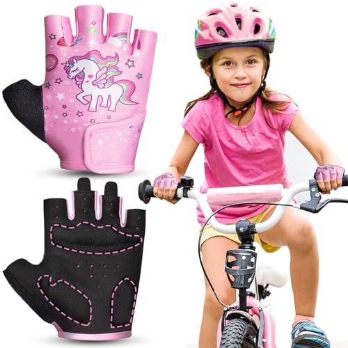 Kids Fingerless Bike Gloves - Pink, Small (2-3 Years) with Cushion
