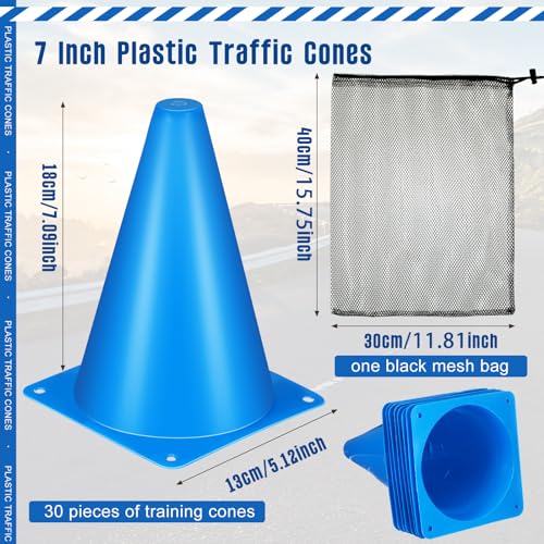 30 Pack 7 Inch Blue Plastic Traffic Cones for Sports Training