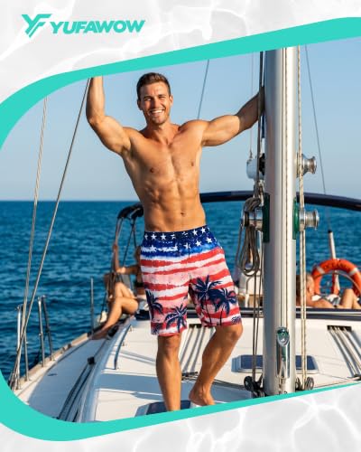 Yufawow Men's 9 Inch Navy Star Swim Trunks with Mesh Lining, Quick Dry Beach & Pool Shorts, Large