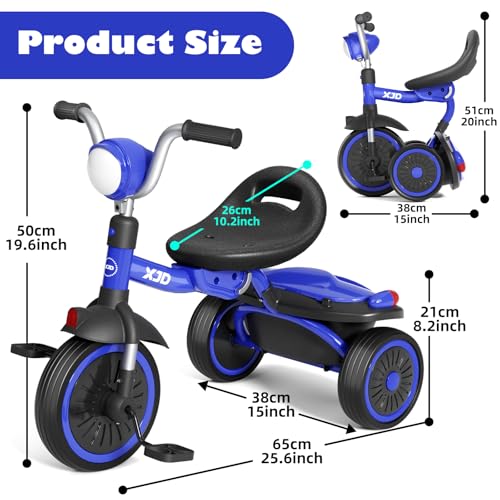XJD Foldable Toddler Tricycle Bicycle for 1-5 Years Blue, Adjustable Seat