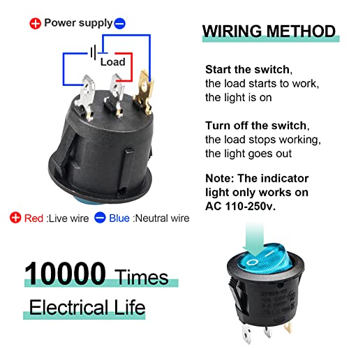 3-Pin On/Off Rocker Toggle Switch with Blue LED - 5 Pack