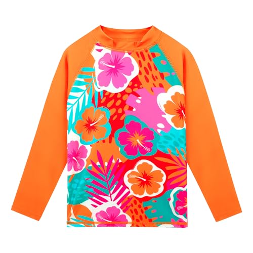 Girls Long Sleeve Rash Guard Set with UPF 50+ - 7-8 Years B2 Orange Flower