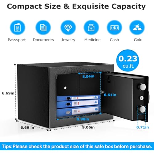 Small Mini Fire Safe Box for Home, 0.3 Cubic Feet Medication Lock Box, Security Money Safes with Digital Keypad, Spare Keys, Dorm Room Safe for Money, Jewelry, ID Documents