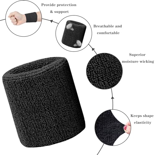Moisture-Wicking Sweatband Set - 4 Wristbands & 2 Headbands - Black