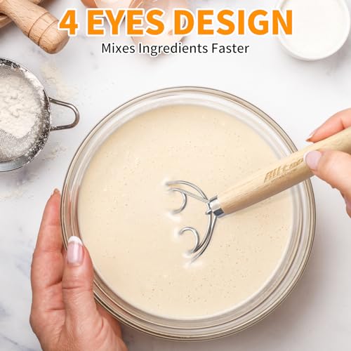 Danish Dough Whisk - Stainless Steel Bread Mixer with Wooden Handle - Double Eye