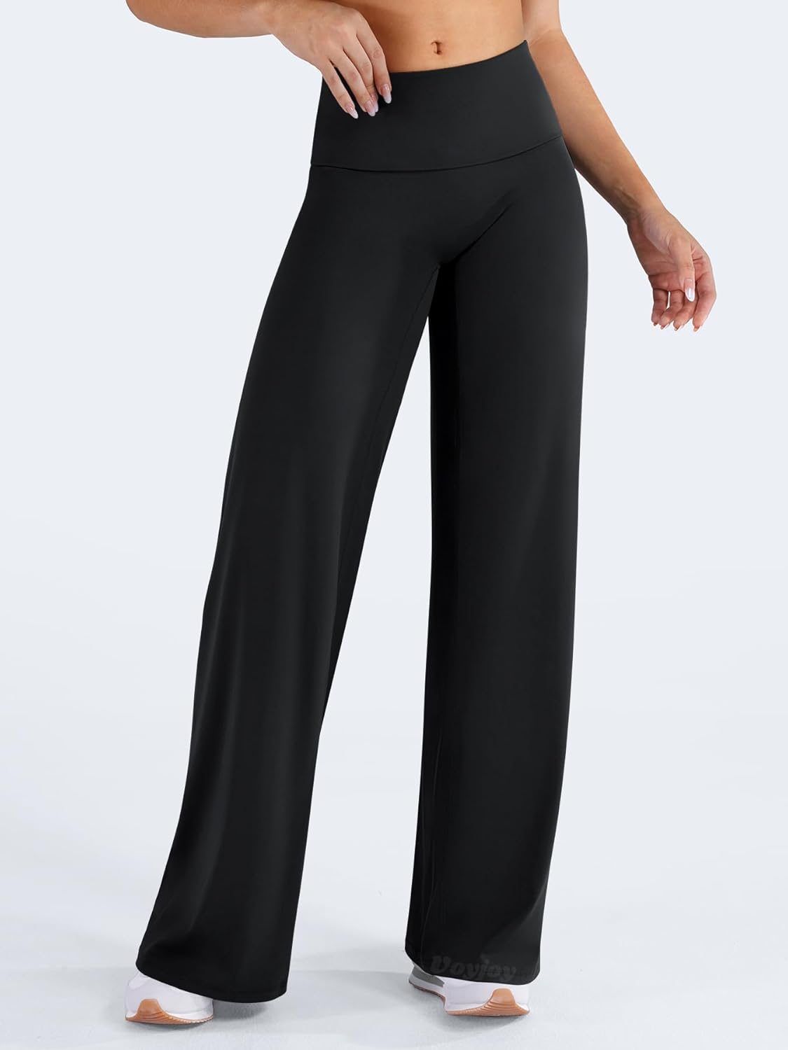 VOYJOY Women's Fold Over Straight Leggings - No Front Seam, Mid-Low Waist, 31.5" Stretch Yoga Pants