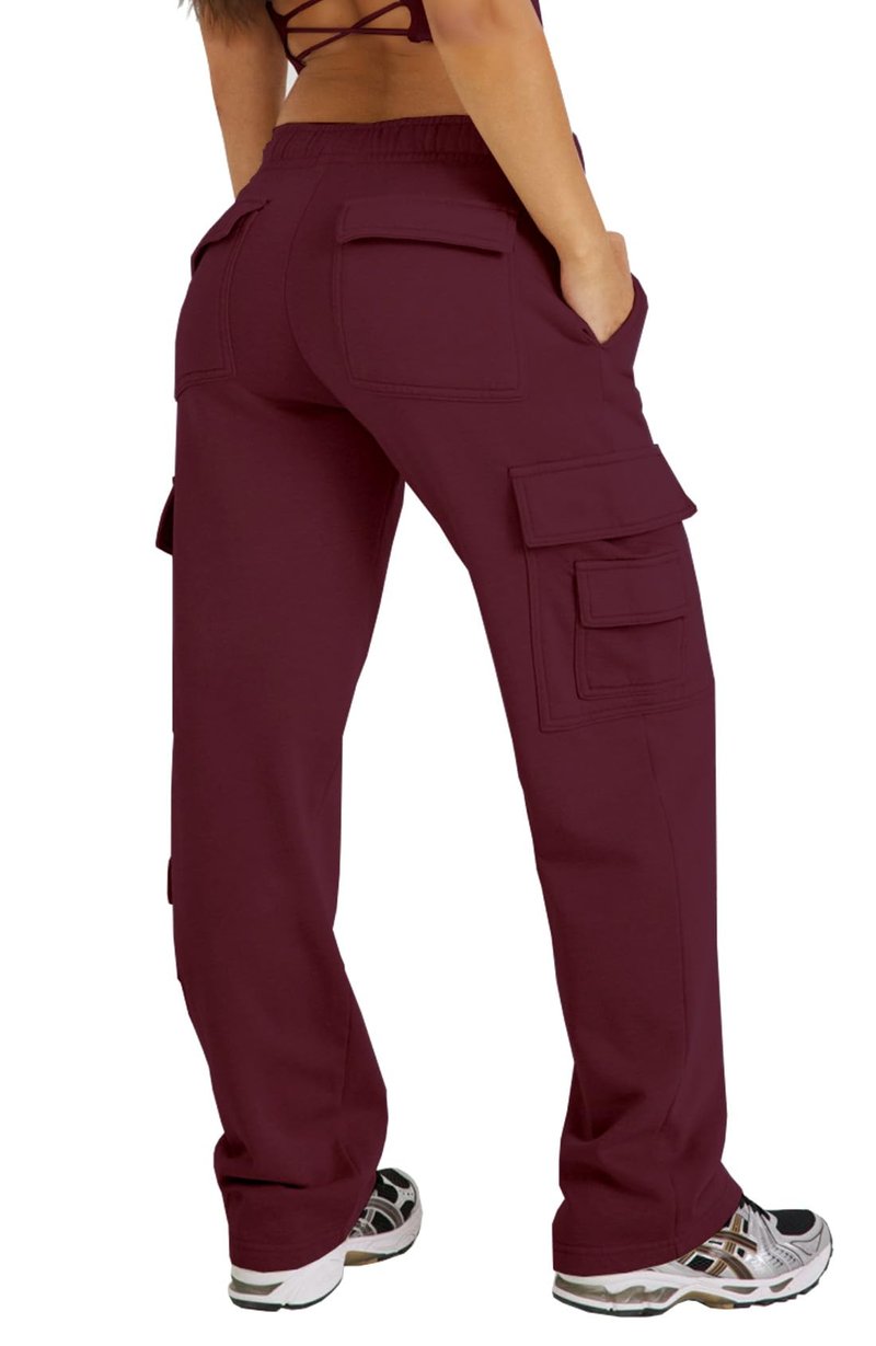 Waitfairy Cargo Sweatpants for Women Straight Leg Fleece Lined Joggers Women Barrel Baggy Sweat Pants for Girls Fall Outfits Red M