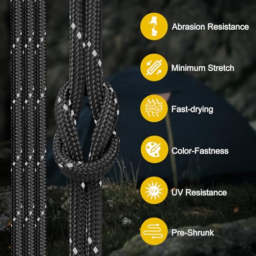 Reflective 850lb Paracord 4mm - 11 Strand Utility Rope - Black, 100FT