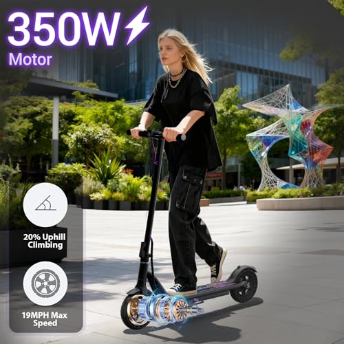 Electric Scooter for Adults - Folding E-Scooter, 350W Motor, 16 MPH, 19 Miles Range, Dual Brakes, APP - Purple-Black