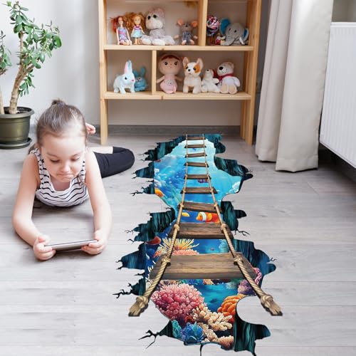 PLIGREAT 2 Sheets 3D Floor Stickers, Undersea Bridge Wall Decals Vinyl Sea World Ocean Bridge Wall Stickers Removable Peel and Stick Wall Decor for Bedroom Bathroom Living Room Nursery School