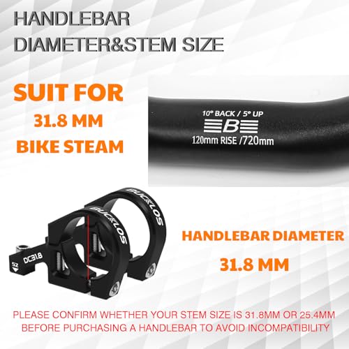 BUCKLOS Mountain Bike Handlebar 31.8mm x 720mm x 120mm Rise (Variation: 31.8mm-720mm-120mm)