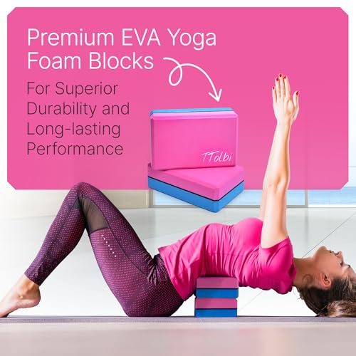 Yoga Blocks 2 Pack with Strap - Non-Slip EVA Foam - Pink/Blue & Stretch Band