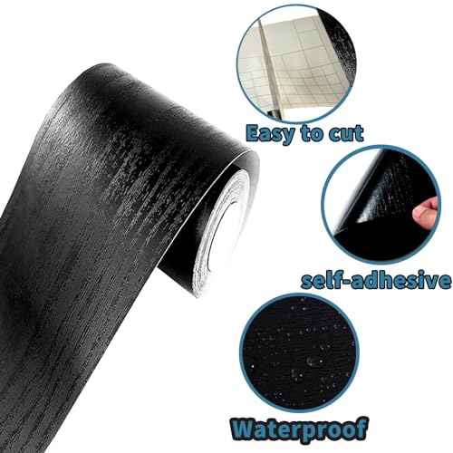 Black Wood Grain Self Adhesive 3D Peel and Stick Waterproof Wall Border Easy to Apply Kitchen Bathroom Tiles Stciker 4.2x393 inch