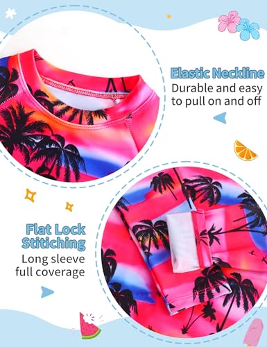 Girls Long Sleeve Rash Guard Swimsuit Set UPF 50+ - Coconut Tree, 9-10 Years