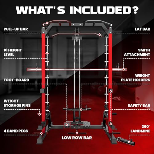 2000LBS Smith Machine Power Cage with LAT Pulldown - Red