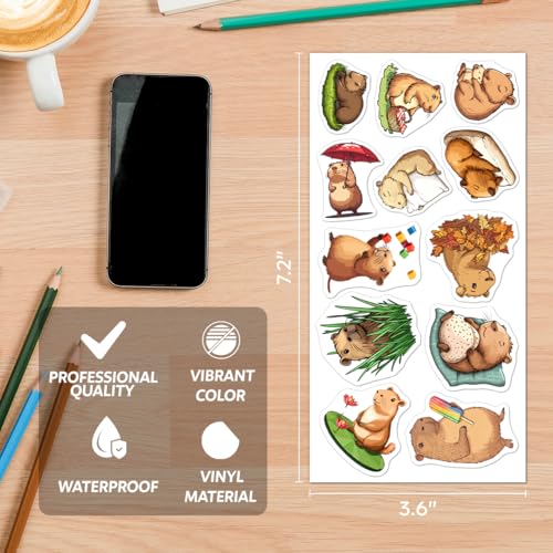 Capybara Vinyl Stickers Pack 108Pcs Cute Animal Aesthetic Cartoon Decals Waterproof for Laptop Water Bottle Skateboard Notebook Scrapbook Perfect Teens Adults Decor Wall