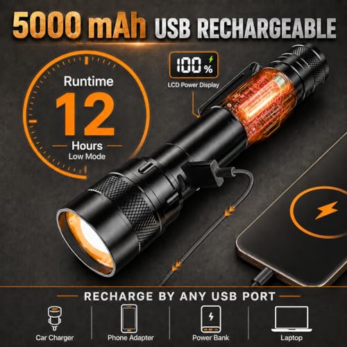 Rechargeable LED Flashlight 5000mAh, USB-C, 4 Modes, Black 1 Pack