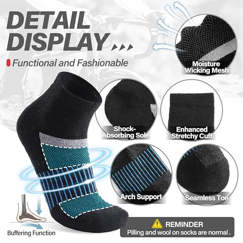 Anlisim Merino Wool Ankle Running Hiking Socks - Large Black Mixed Pack