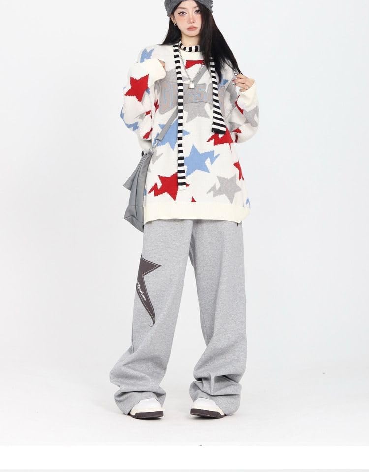 Pooyikoi Grey Large Women's Y2K Star Print Wide Leg Joggers - Harajuku Streetwear
