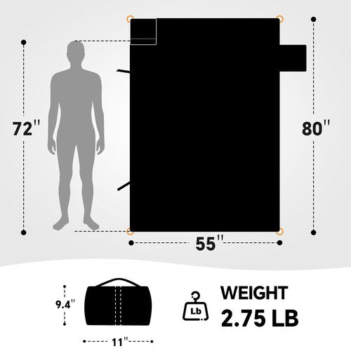 BEDELITE Large Waterproof 315GSM Camping Blanket 2.75LB, Lightweight Packable Blanket for Car, Foldable Fleece Stadium Blanket for Outdoor Sports, Wearable, Machine Washable, 55" x 80" Twin,Black