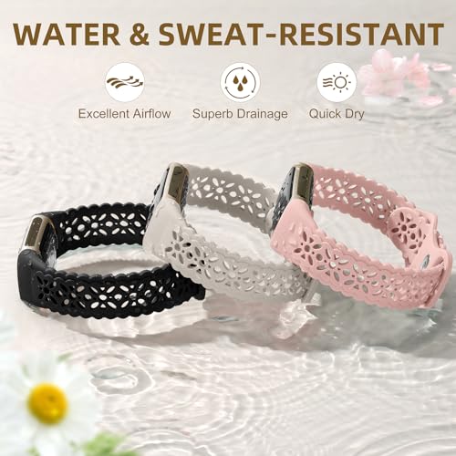 Maledan Stylish Lace Floral Fitbit Charge 5/6 Sport Bands for Women, Adjustable, Waterproof, Black/Starlight/Pink, 5.5-8.2 inch Wrist