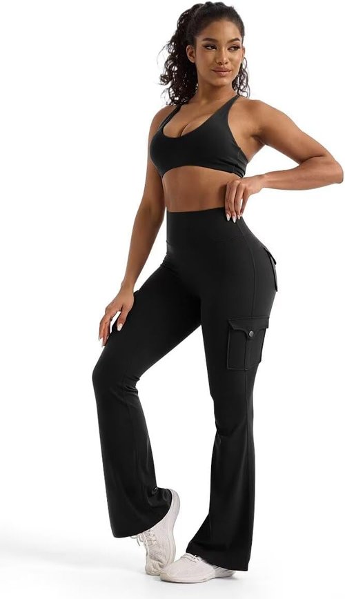 Flamingals Women's High Waisted Flared Leggings - Tummy Control & Scrunch Butt Lift with Pockets