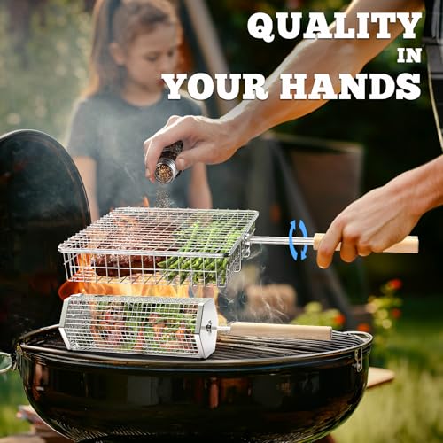 Grill Basket Set 304 Stainless Steel, Removable Wood Handles | Outdoor BBQ & Camping