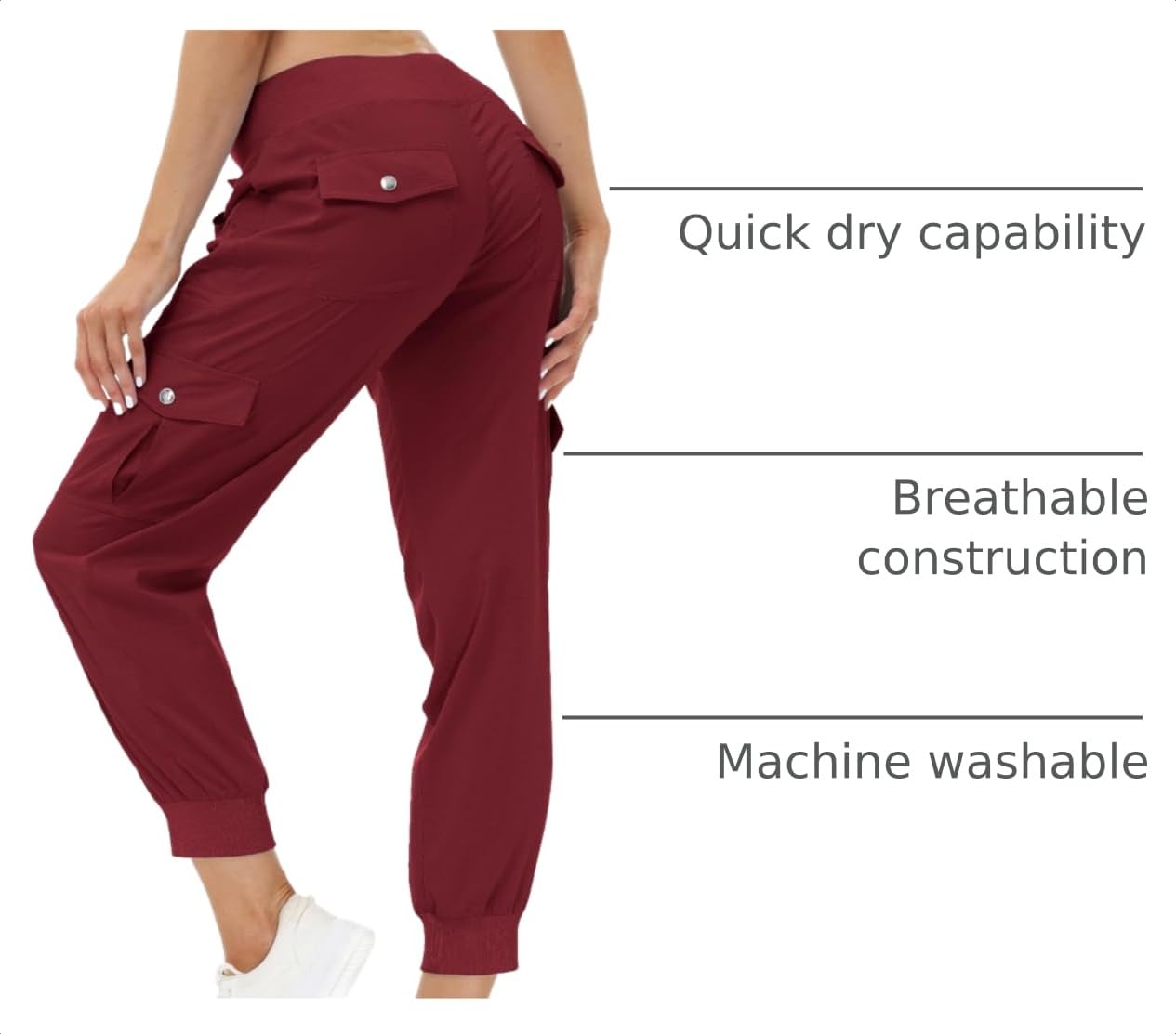 MoFiz Hiking Cargo Pants for Women with Pockets Lightweight Quick Dry Athletic Outdoor Summer Travel Casual Joggers Sweatpants Wine Red 2XL
