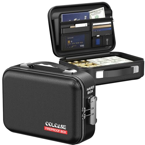 COLCASE Fireproof Money Box with Lock, Hard Case Cash Organizer Hard-Shell Design Fireproof Water Resistant Portable Safe Box for Cash, A5 Documents, Passport and Valuables 11.3x8x4 Inches Black