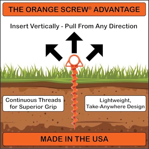 Heavy Duty Ground Anchors - Large Orange Screw-In Tent Stakes for High Wind & Sand, 2 Pack