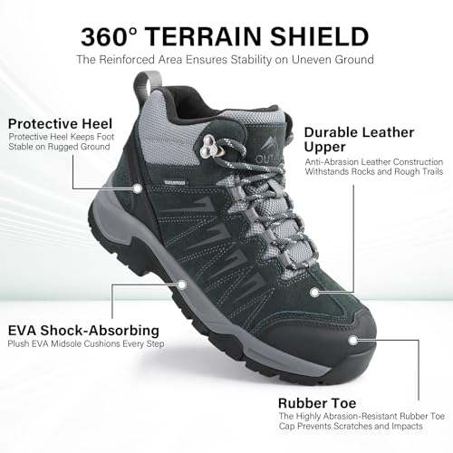OUTJET Men's Waterproof Hiking Boots - Lightweight Leather Mid Ankle Trail Shoes, Dark Green, Size 11