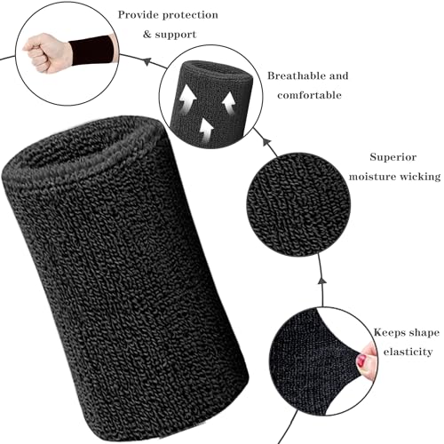 6 Inch Sweat Wristbands for Sports - Absorbent Cotton - Black (4 Pack)