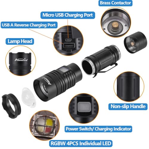 ALONEFIRE X37 Multicolor LED Flashlight 4 Color Change White Blue Green Red Light RGB USB Rechargeable Zoom Waterproof with Reverse Charging, Rechargeable Battery for Tracking Deer Hunting Fishing