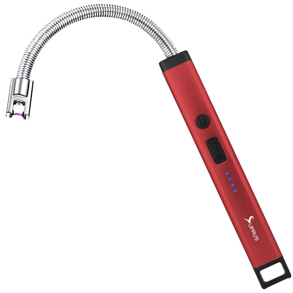SUPRUS Rechargeable Candle Lighter Electric Arc Triple Safety Long Lighter Stainless Steel Shell & Hanging Hook (Red)