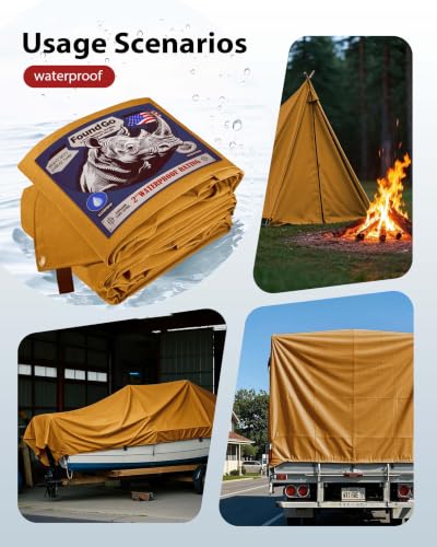 FoundGo 8x10ft Heavy Duty Waterproof Canvas Tarp with Grommets, UV Resistant 22 Mil, Durable Cloth Cover for Car, Roof, Boat, Camping, Woodpile - Tan