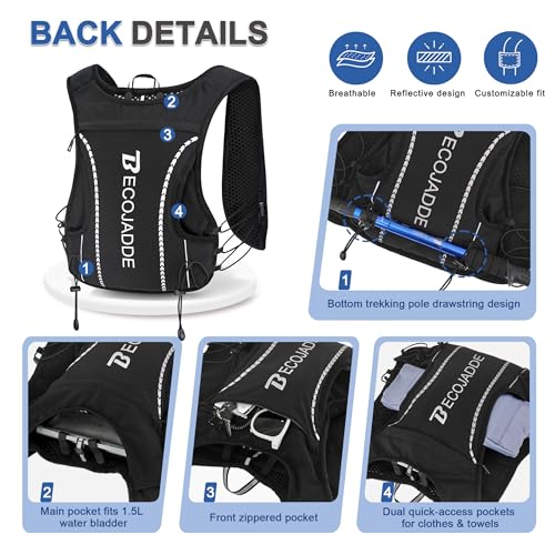 5L Running Vest with Hydration Pack – BECOJADDE Black, 5L Version (Vest Only / 1.5L bladder / 2x500ml bottles)