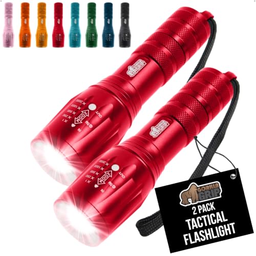GORILLA GRIP Powerful LED Tactical Flashlight 2-Pack - Red (3x AAA, 5 Modes, Zoomable, 750ft Beam)